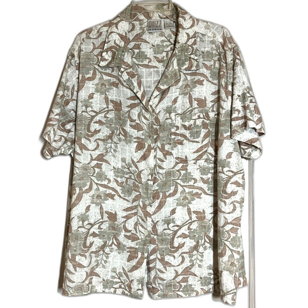 1990s Quizz New York Blouse Womens 22 Tan Green Floral Cotton Blend Button Up